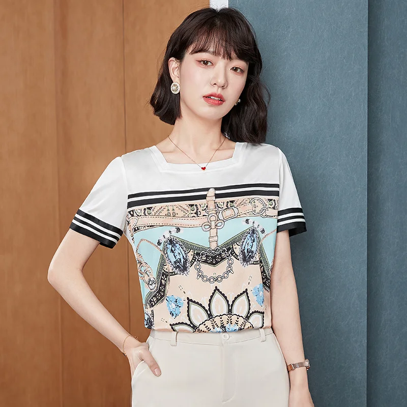 

New White T-shirt Women Vintage Print Elegant Office Ladies Tee Shirt Femme Plus Size Summer Tshirt 2021 Chiffon Tops