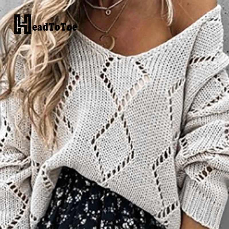 

Loose Cold Shoulder Office Lady Sexy Hallow Out Solid Sweaters Women Full Sleeve V Neck Tops