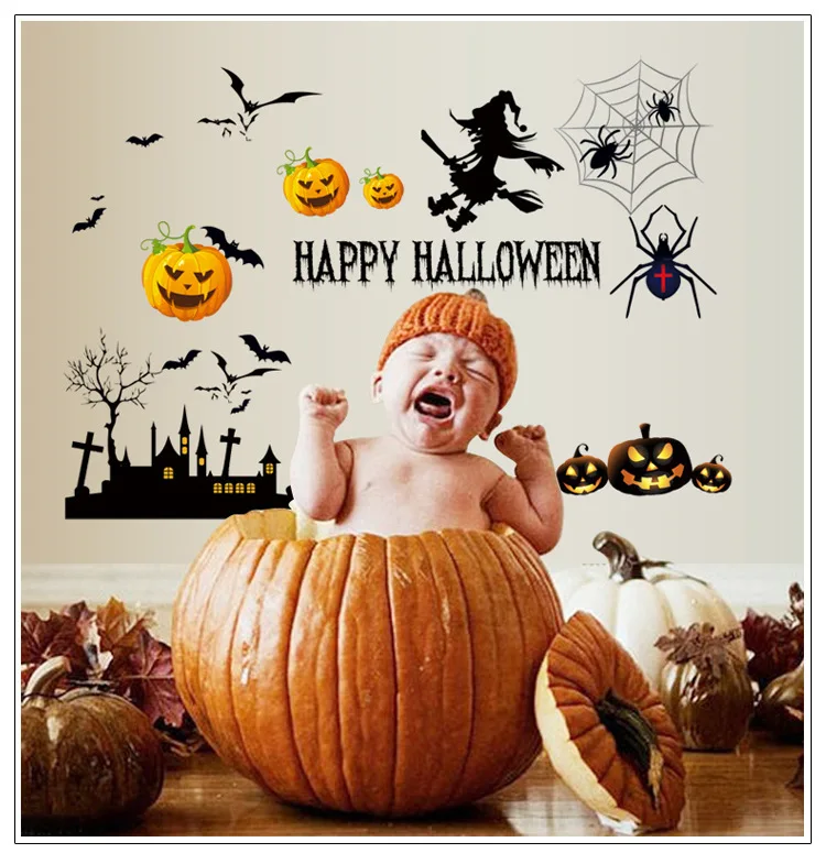 

Freeship Halloween pumpkin bat girl ghost wall stickers cartoon children's haunted house 3d stereo glass stickers scene layout
