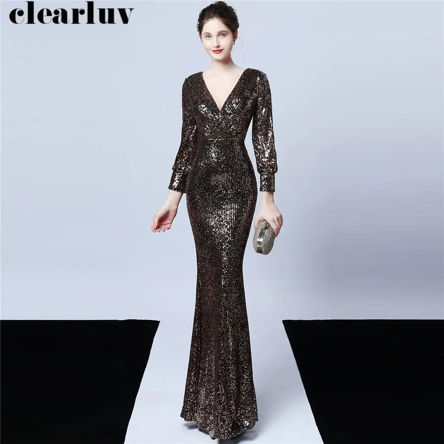 

Женское вечернее платье в пол с блестками, платье для выпускного вечера размера плюс с длинными рукавами и юбкой годе, 2019