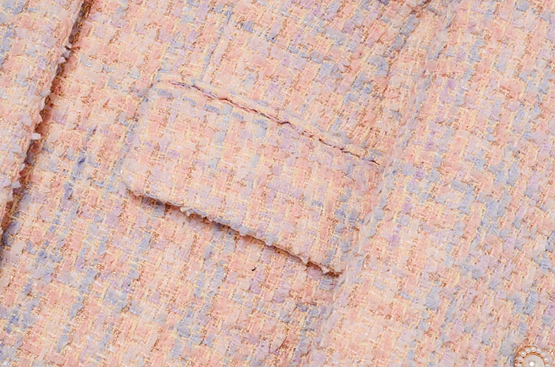 

Pearl Loose Fit Plaid Stitch Tweed Jacket New Lapel Long Sleeve Women Coat Fashion Tide Autumn Winter 2021 1DD1186