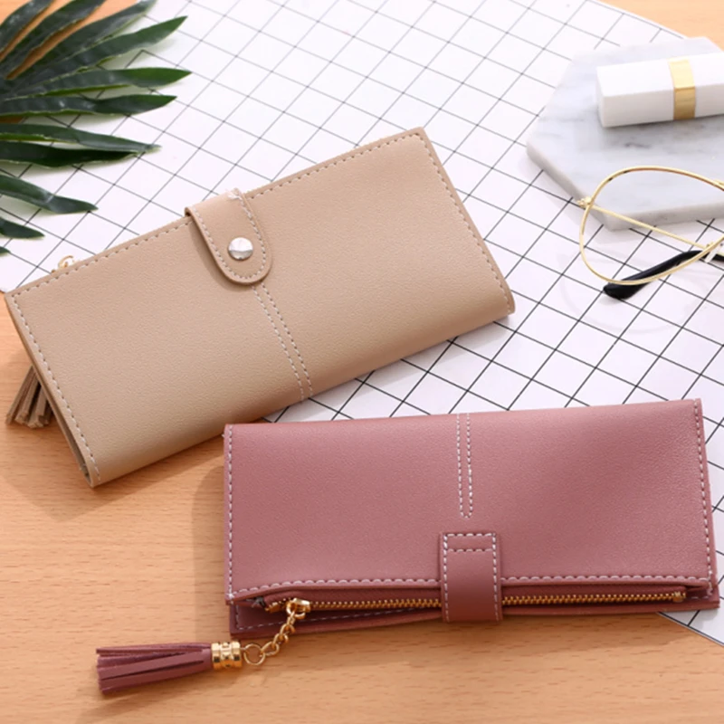 

6-Color Fashion Women Tassel Zipper Long Wallet Buckle Design Multi-Card Holders Thin Phone Money Bag Clutch Female Coin Purses