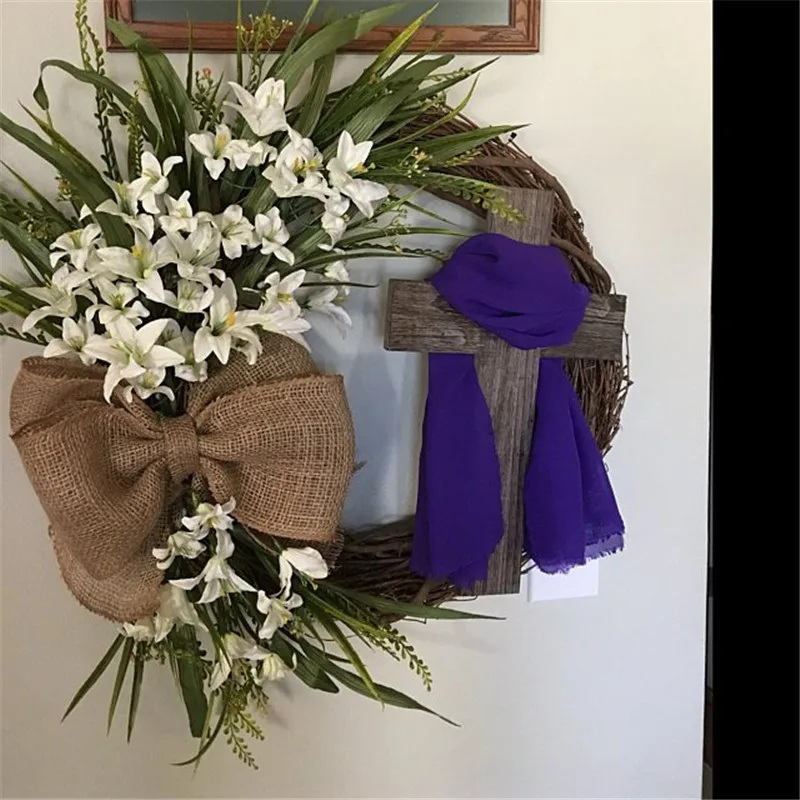 

2021 Easter Wreath With Cross Burlap Bow Rustic Grapevine Wreath Spring Decorating DIY Easter Front Door Wreath Decoration JU