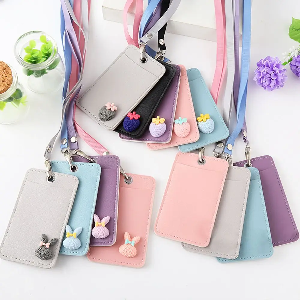 1pc Leather Card Holder Neck Strap with Lanyard Badge Staff Identification Bus ID Holders Kawaii Stationary Gifts | - Фото №1