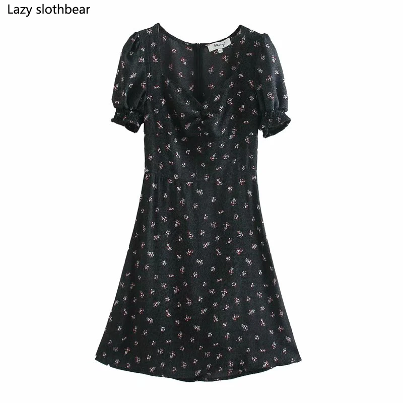Летнее женское платье с цветочным принтом милое коротким рукавом для девушек