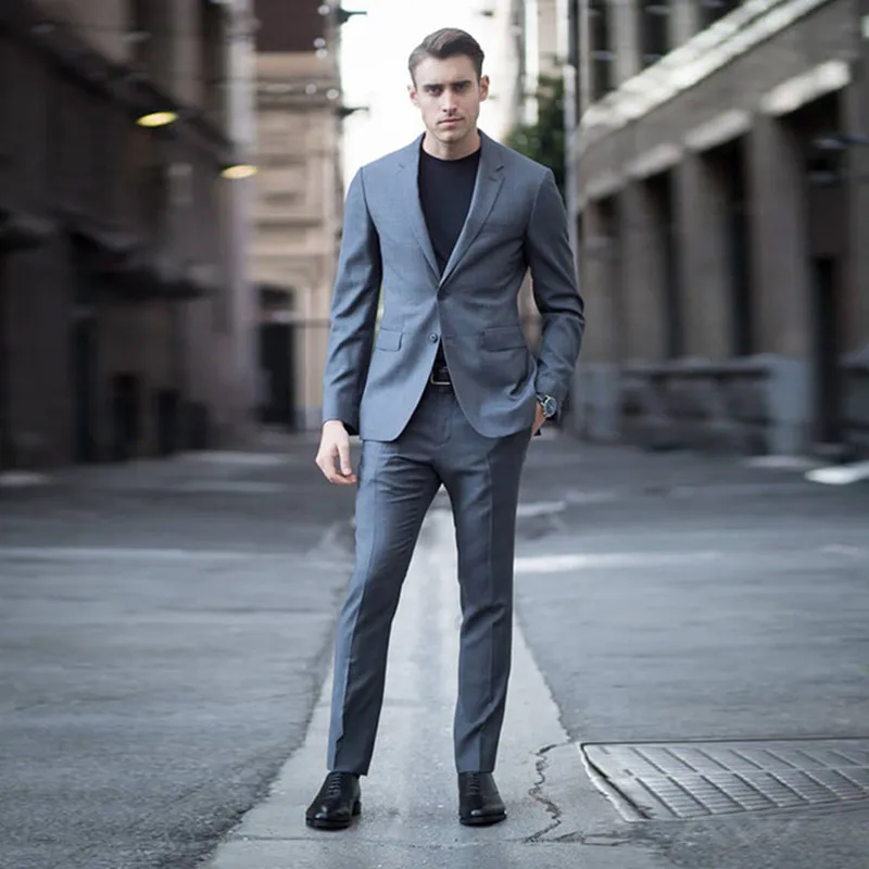 

2021 Latest Designs Grey Notch Lapel Two Buttons Men Suits Smart Casual Slim Fit Business Street Wedding Formal Tuxedo 2 Pieces
