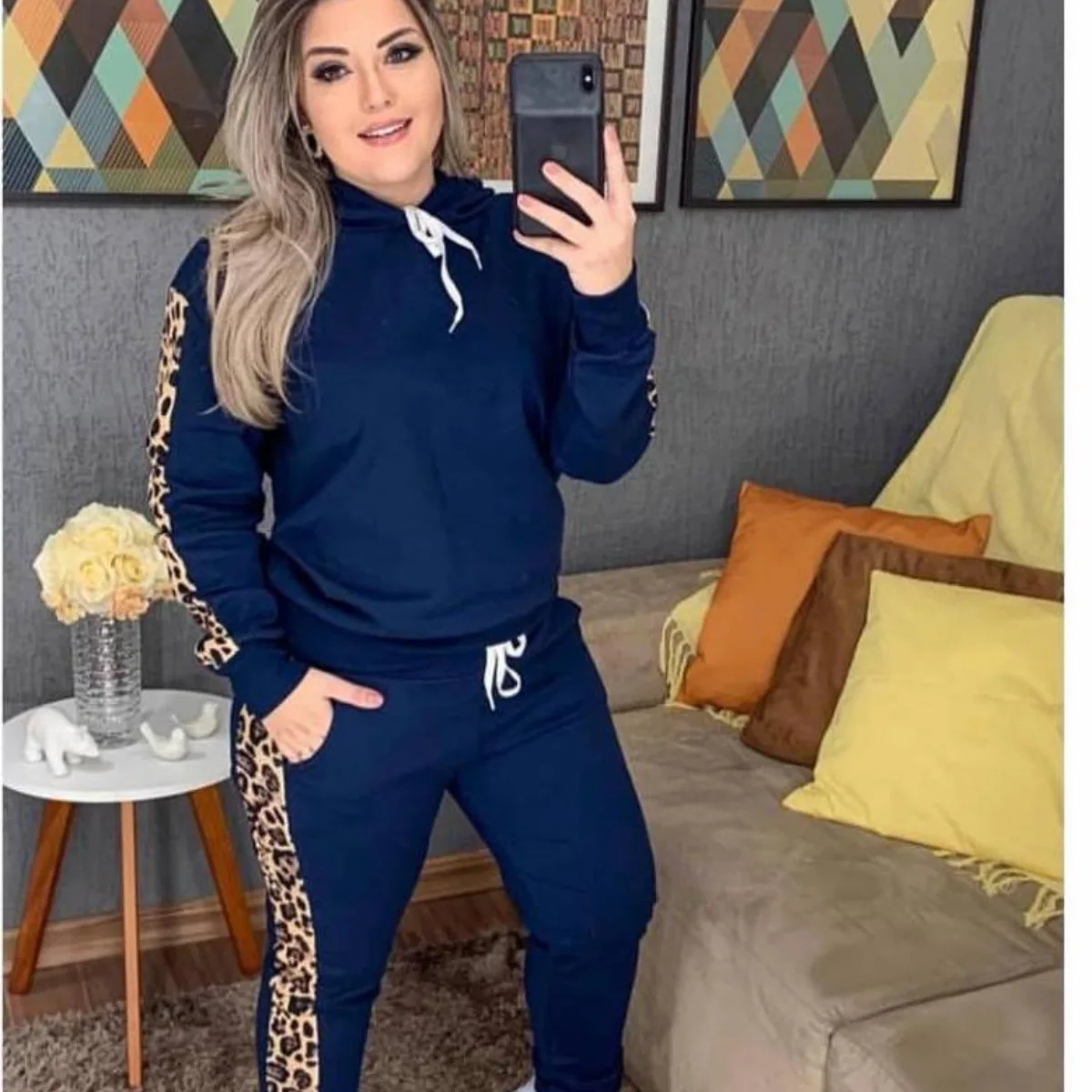 

WEPBEL Women's Leopard Print Fashion Slim Sports Suit Spring Autumn Long Sleeve Hooded Sweatshirt + Lace-up Pencil Pants Suit