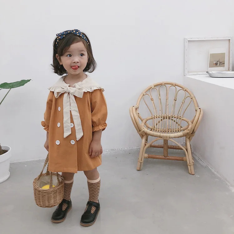 Осеннее детское хлопковое двубортное платье большого размера с бантом и