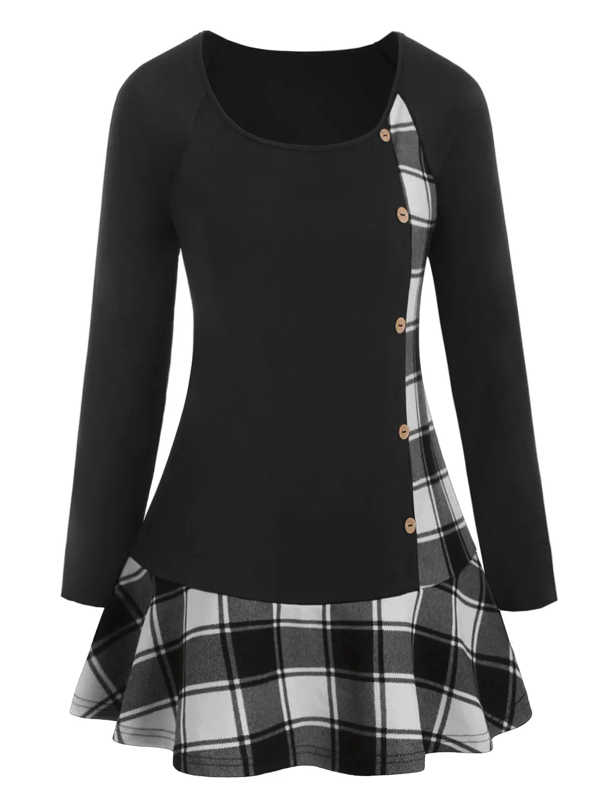 ROSEGAL Plus Size Raglan Sleeve Plaid Flounced T-shirt Scoop Neck Button Women Tops 2019 Classic Vintage Tees Autumn | Женская одежда