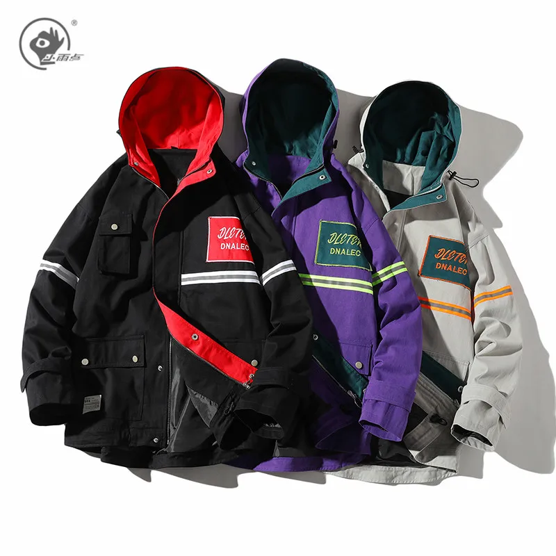 

Little Rain Youth Men Streetwear Bomber Jacket 2020 Patchwork Windbreaker Harajuku Vintage Hooded Jackets Casual Zipper Coats