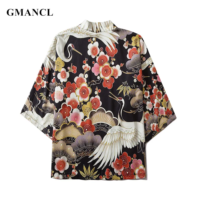 

Men Streetwear flower white crane printed Summer Half sleeve Kimono Jackets Man Japanese Style Loose Casual Cardigan Outwear