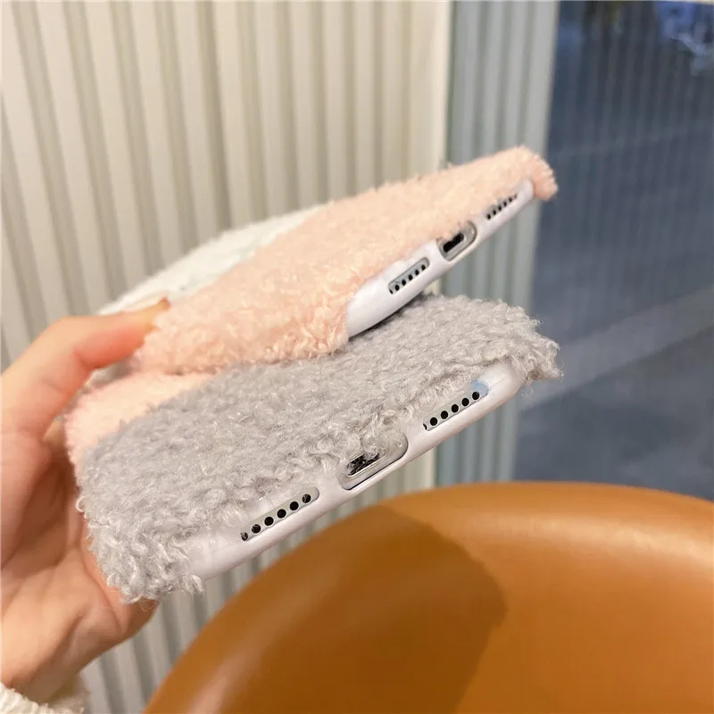 

Cute Simple Winter Phone Case For iPhone 11 12 Pro Max XS Max XR X 7 8 Plus SE 2020 Candy Colors Warm Plush Fluffy Cases Fundas