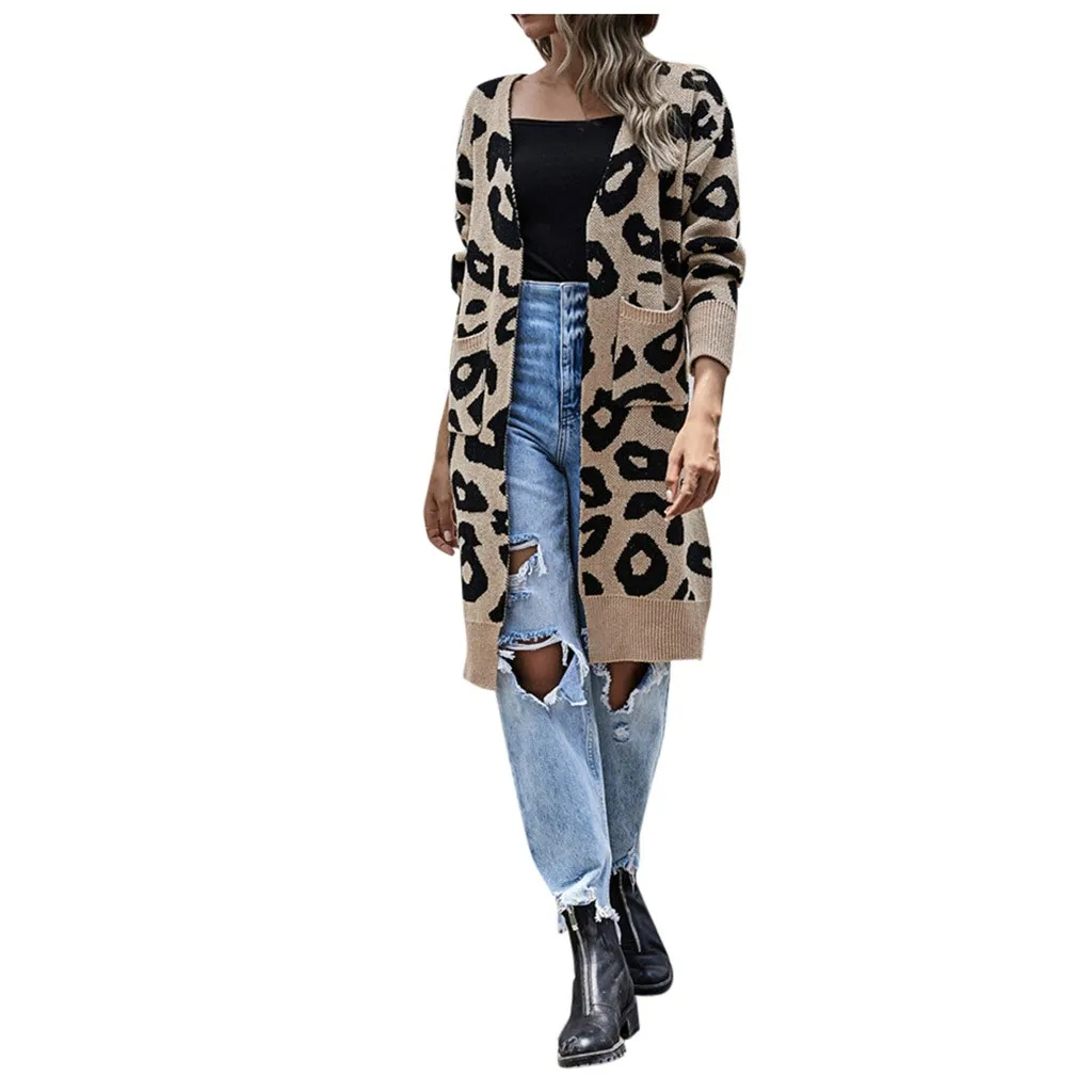 Кардиган женский длинный с V-образным вырезом и леопардовым принтом Осень-зима |