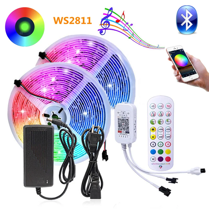 

Адресуемая Светодиодная лента WS2811 Dream Color, 12 В постоянного тока, 5050 RGB, гибкая Диодная лента, Bluetooth пульт дистанционного управления с адаптеро...