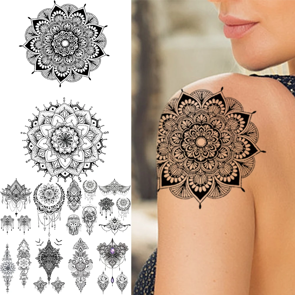 

Black Henna Mandala Temporary Tattoo Sticker For Women Lady Girl Fake Jewelry Ganesha Realistic Tattoos Body Art Tatoo Dot Arm