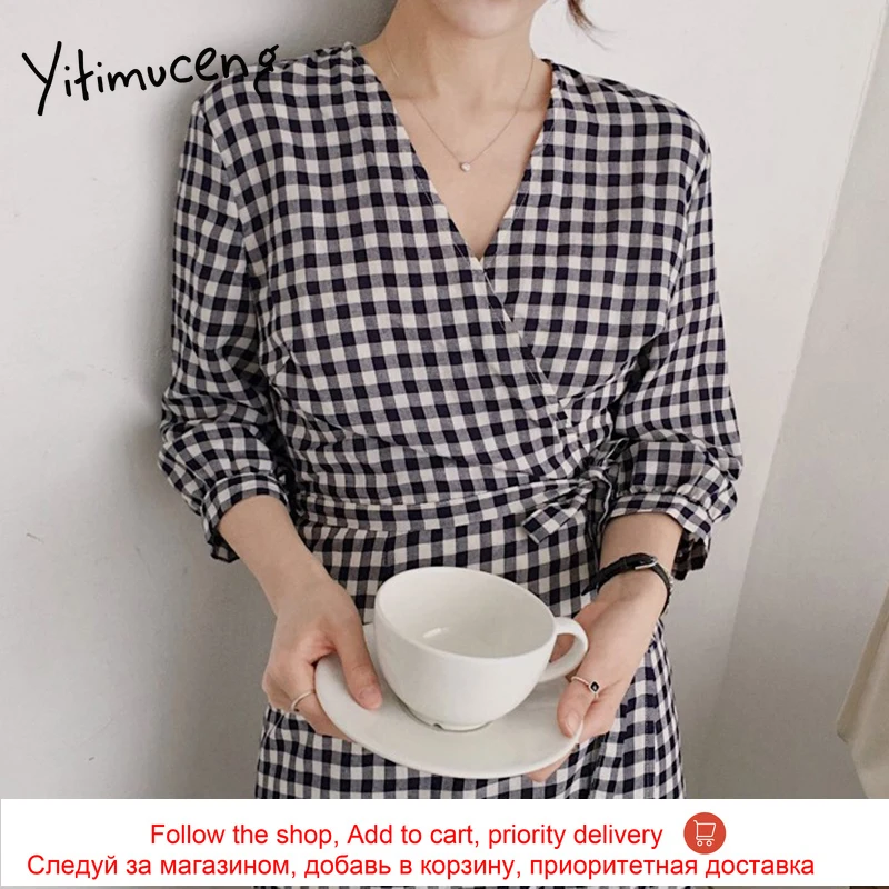 

Yitimuceng Plaid Dresses for Women Plus Size Long Dress Fashion High Waist Lace Up Yellow Black and White Sundress 2021 Summer