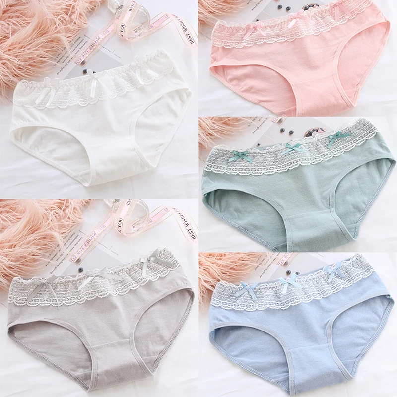 

Women's Underwear Cotton Sweet Lace Bow Panties Solid Color Lace Bow Stitching Underwear Cute Girls Briefs Middle Waist Panties