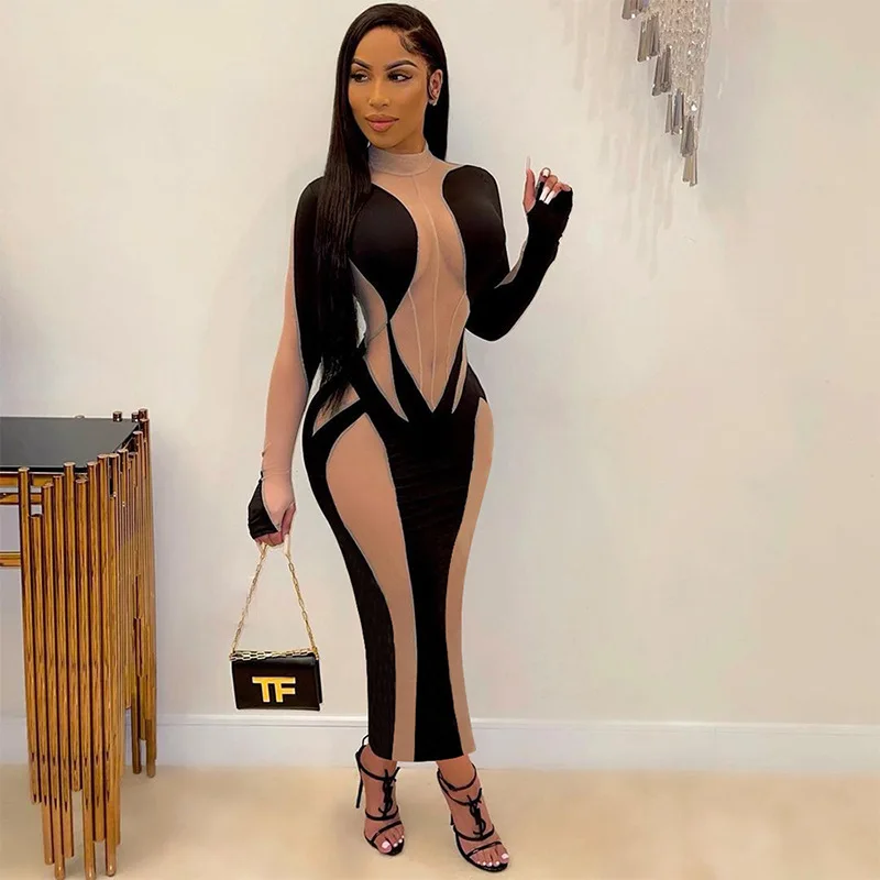 

Sexy See Through Turtleneck Bodycon Maxi Dress Women Sheath Paisley Cleavage Long Sleeve Shaped Waist Clubwear Female Skirts