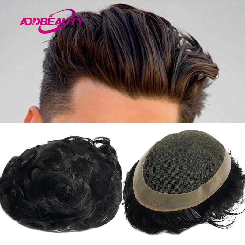 

French Swiss Lace NPU Men's Toupee Indian Remy Human Hair System 30mm Wave Straight Handmade Men Wig Hairpiece Natural Color