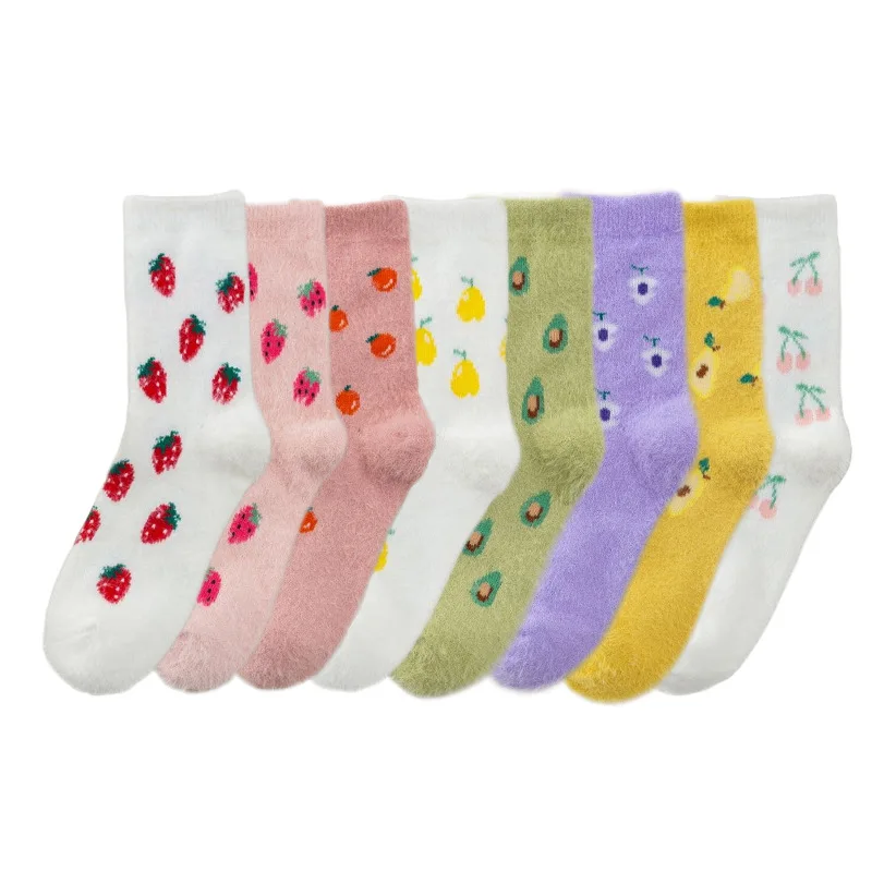 Women's winter warm socks kawaii plush cherry avocado strawberry ladies sleep socks Korean style fashion Harajuku socks images - 6