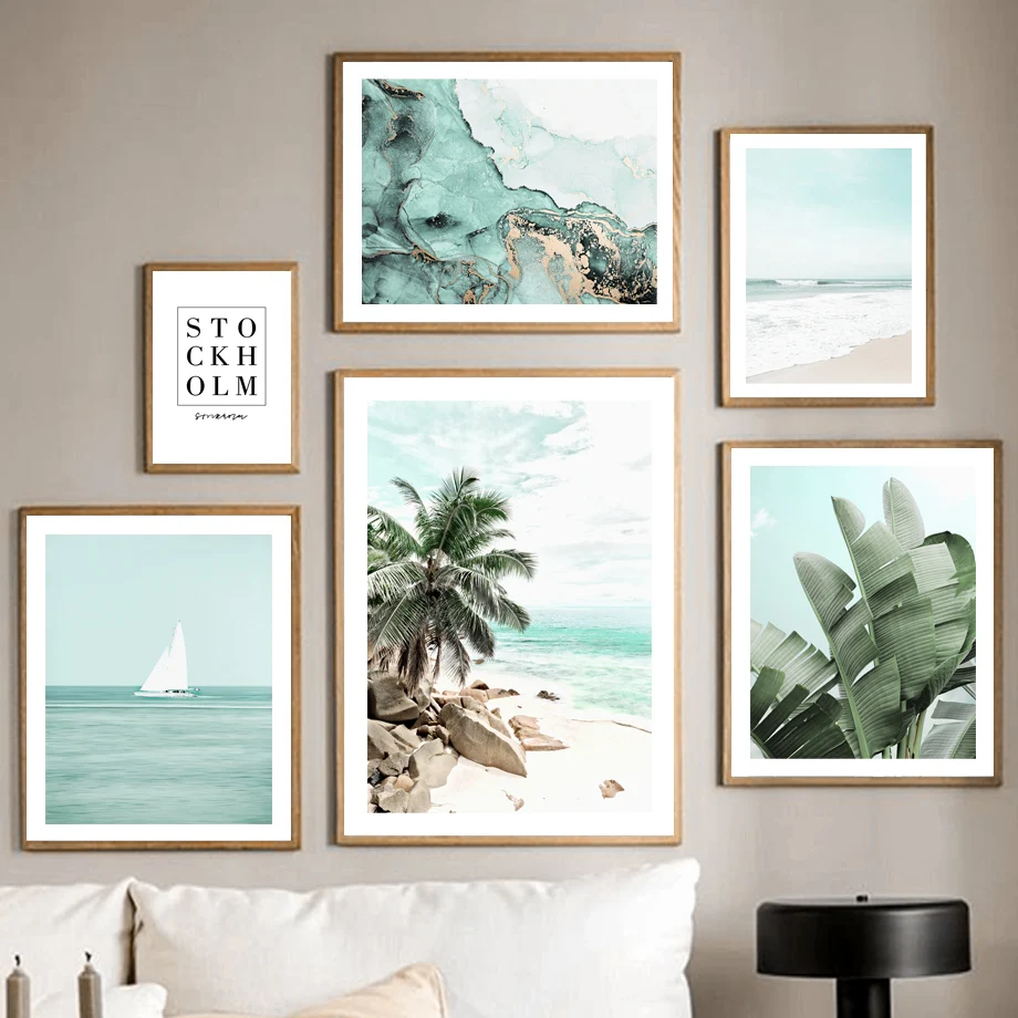 Coconut Tree Banana Leaf Beach Sea Wave Sailboat Art Canvas Painting Nordic Posters And Prints Wall Pictures Living Room Decor | Дом и сад