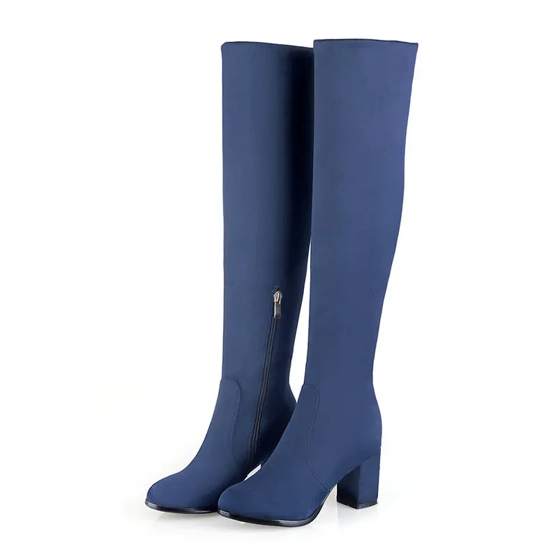 Blue Flock Zipper Модные сапоги до колена женские зимние сапоги высокие сапоги на толстом высоком каблуке Демисезонная обувь с круглым носком без застежки Женская обувь черного и белого цвета - Цвет: Blue Flock Zipper