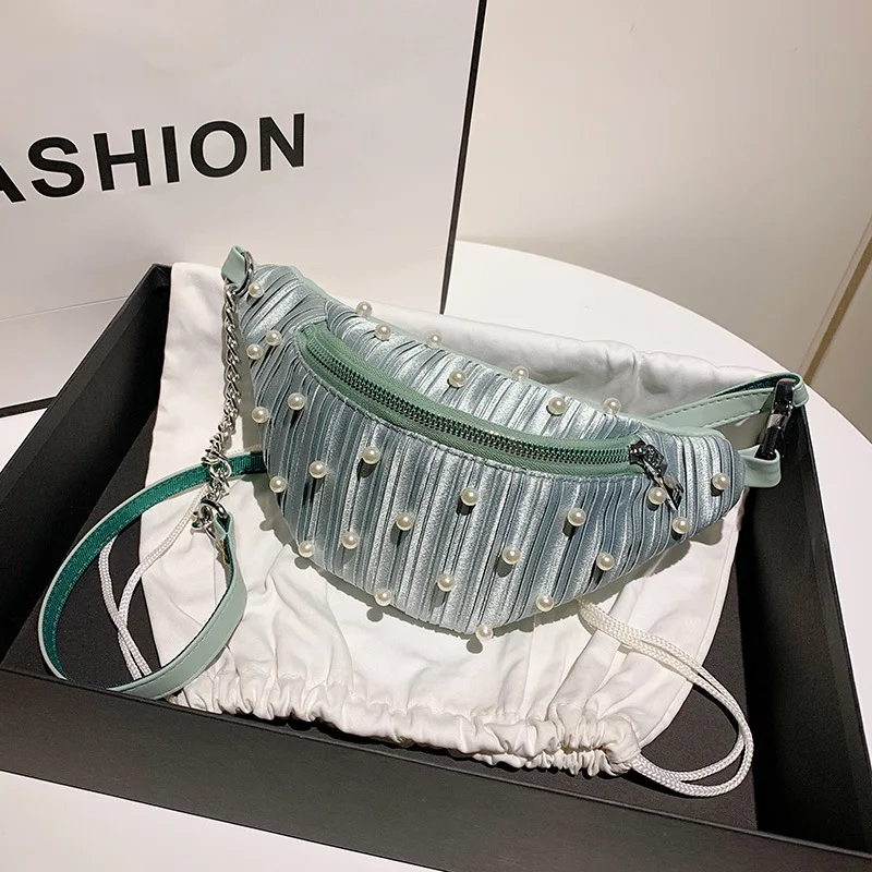 

Women Fanny Pack Pearl Folds Waist Bag Summer Solid Color Shoulder Handbags Female Travel Crossbody Bag Casual Chest Bag