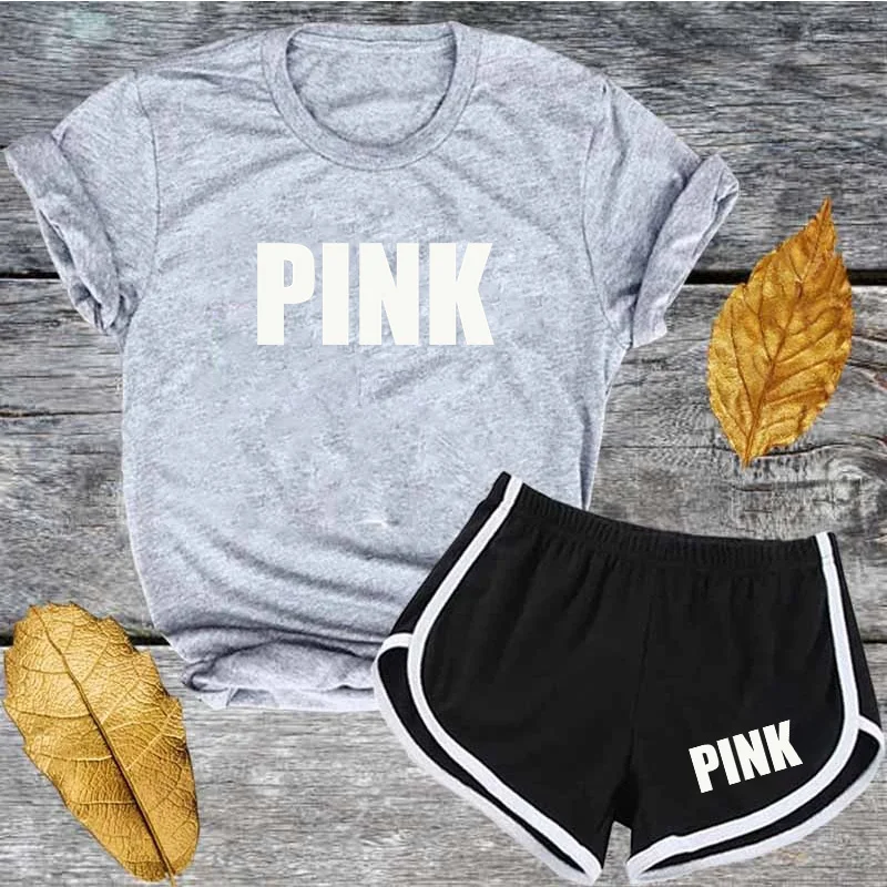 Cute Pink Letter T shirts and Shorts Women Two Piec Set Summer Short Sleeve O-neck Fashion Casual 2 Piece Outfit for Woman