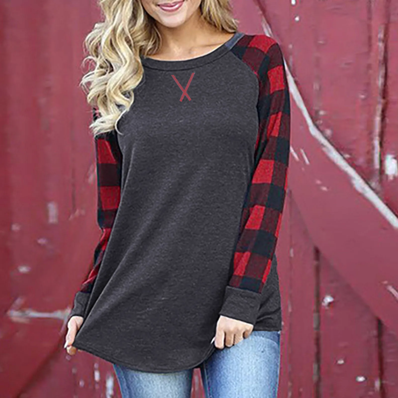 

Женская блузка с длинным рукавом и круглым вырезом, в шотландскую клетку