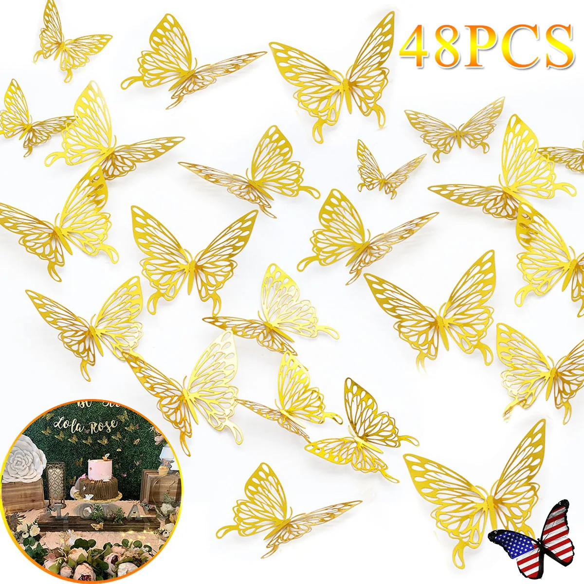 

48 шт. 3D полые золотые бабочки настенные наклейки съемные фотообои для вечевечерние самодельные стены для комнаты Самоклеящиеся Декорации С...