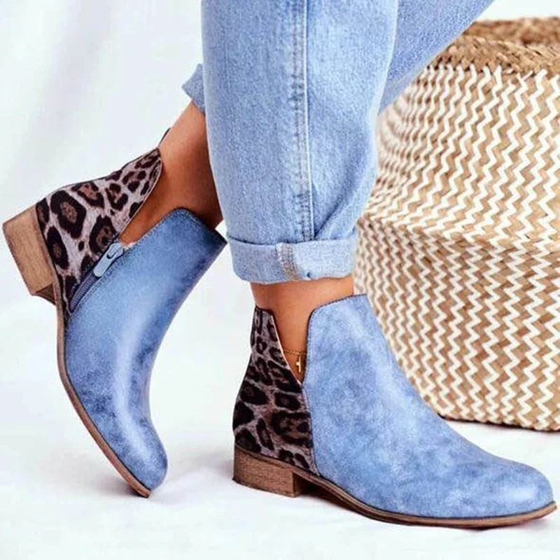 

Plus size short boots women 2021 autumn and winter new leopard stitching leather boots new ladies boots