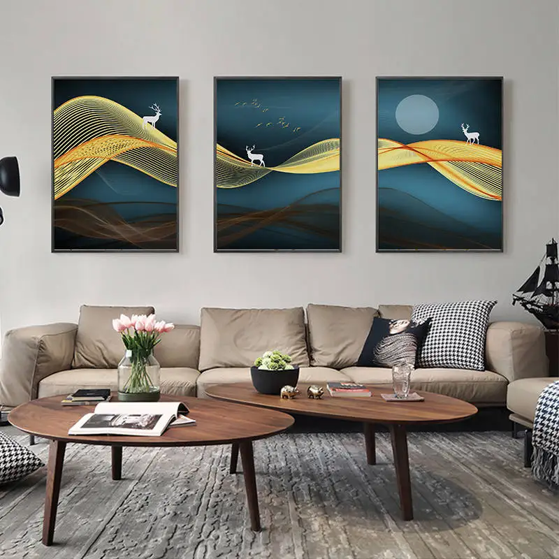 Golden Abstract Fabric Deer and Moon Blue Wall Art Canvas Painting Posters Prints Decorative Pictures for living Room Home Décor | Дом и сад