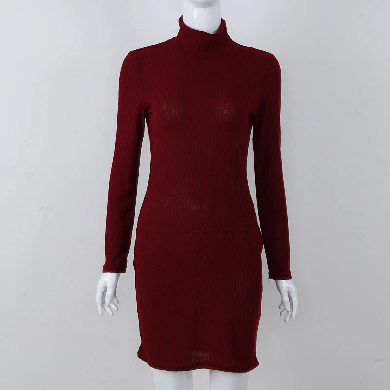 Wine Red Dress Однотонное теплое облегающее платье с воротником под горло, повседневное вязаное стильное весеннее Новое теплое платье-свитер с длинным рукавом для женщин - Цвет: Wine Red Dress