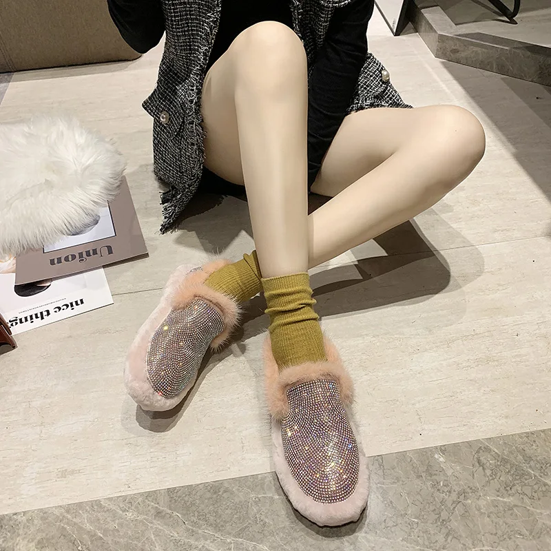 

Loafers Fur Round Toe Shoes Woman 2020 Shallow Mouth Female Footwear Women's Moccasins Modis Autumn Crystal All-Match Casual