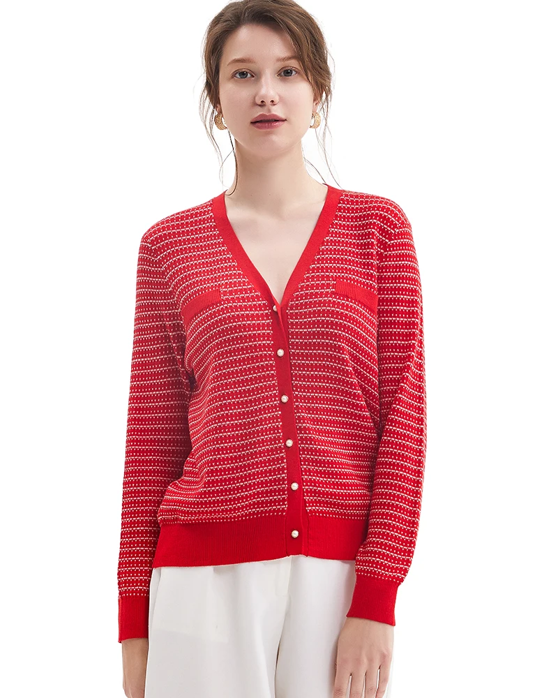 

Zhili Women's Knit White Striped V-Neck Button Down Lightweight Cardigan Sweater