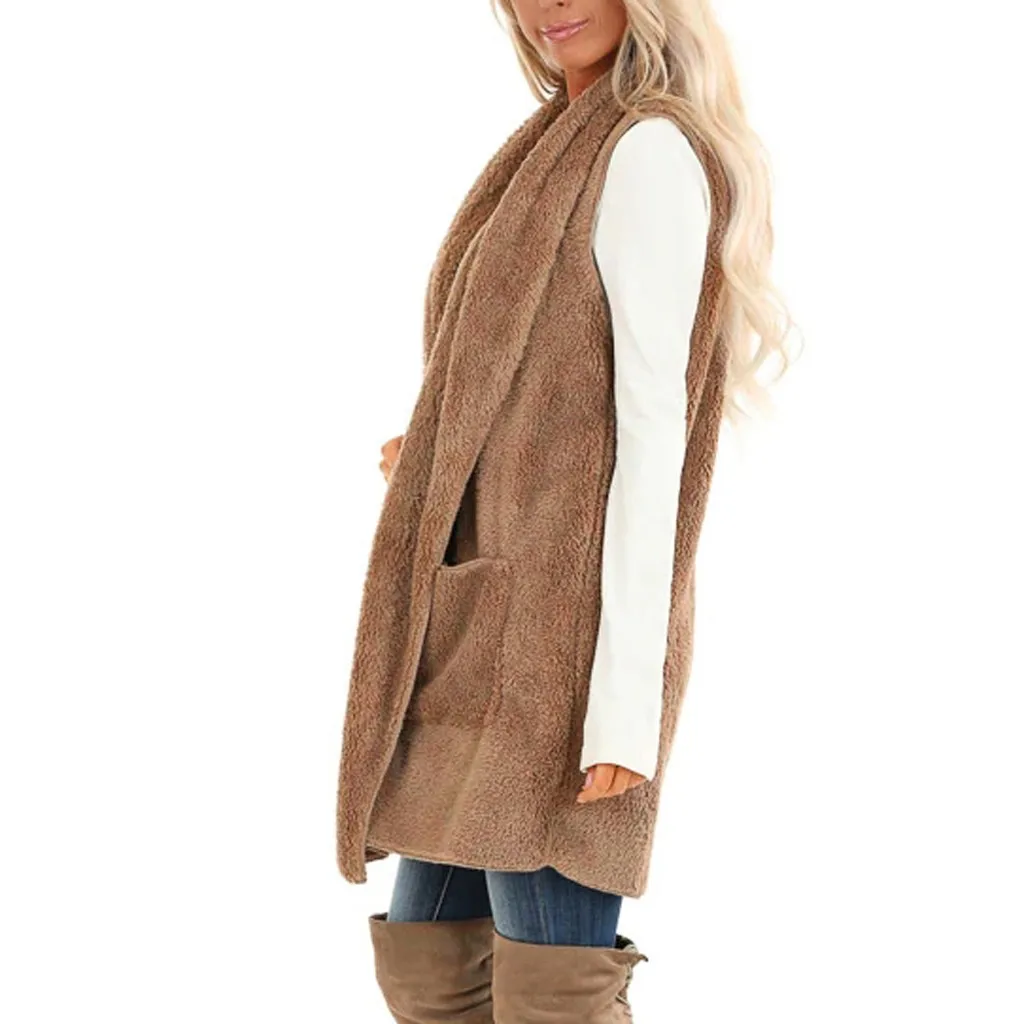 Модный жилет с карманами из искусственного меха зимний женский длинный Tenygo