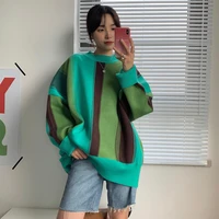 2021 high quality autumn and winter oversize lazy wind color matching striped sweater womens new long sleeve knit pullover tops
