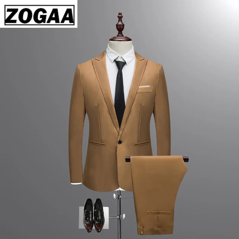 Куртка + брюки новые мужские деловые тонкие костюмы наборы сплошной цвет