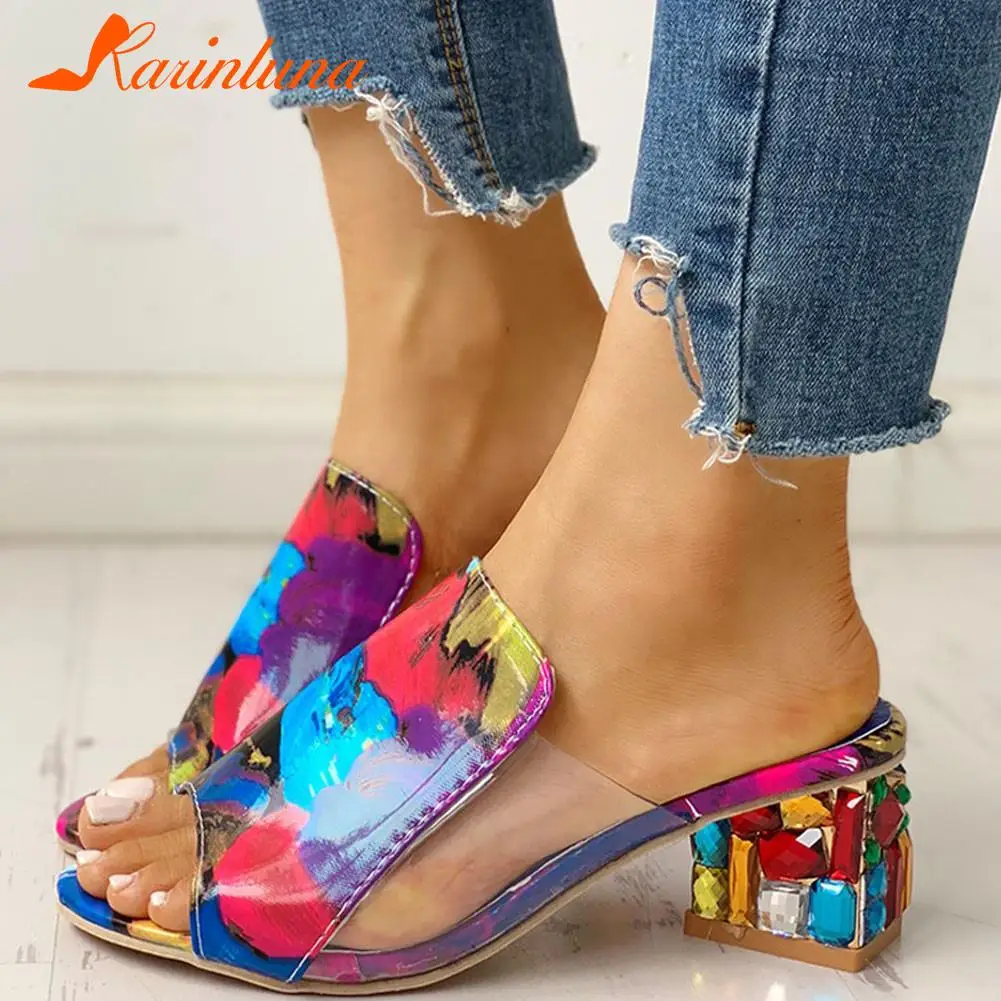 

KarinLuna New INS Hot Ladies Chunky Heels Slippers Fashion Open Toe Slip On Summer Women's Slippers Party Outside Shoes Woman