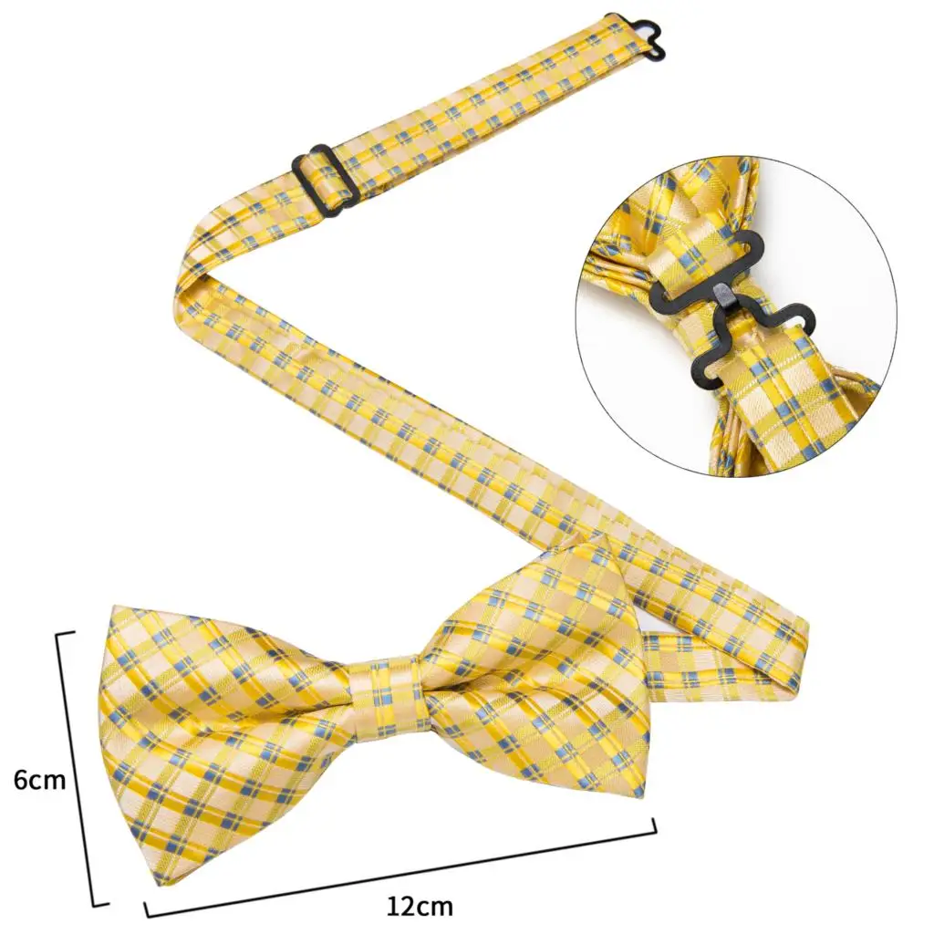 Желтый Клетчатый шелковый галстук бабочка Регулируемый формальный