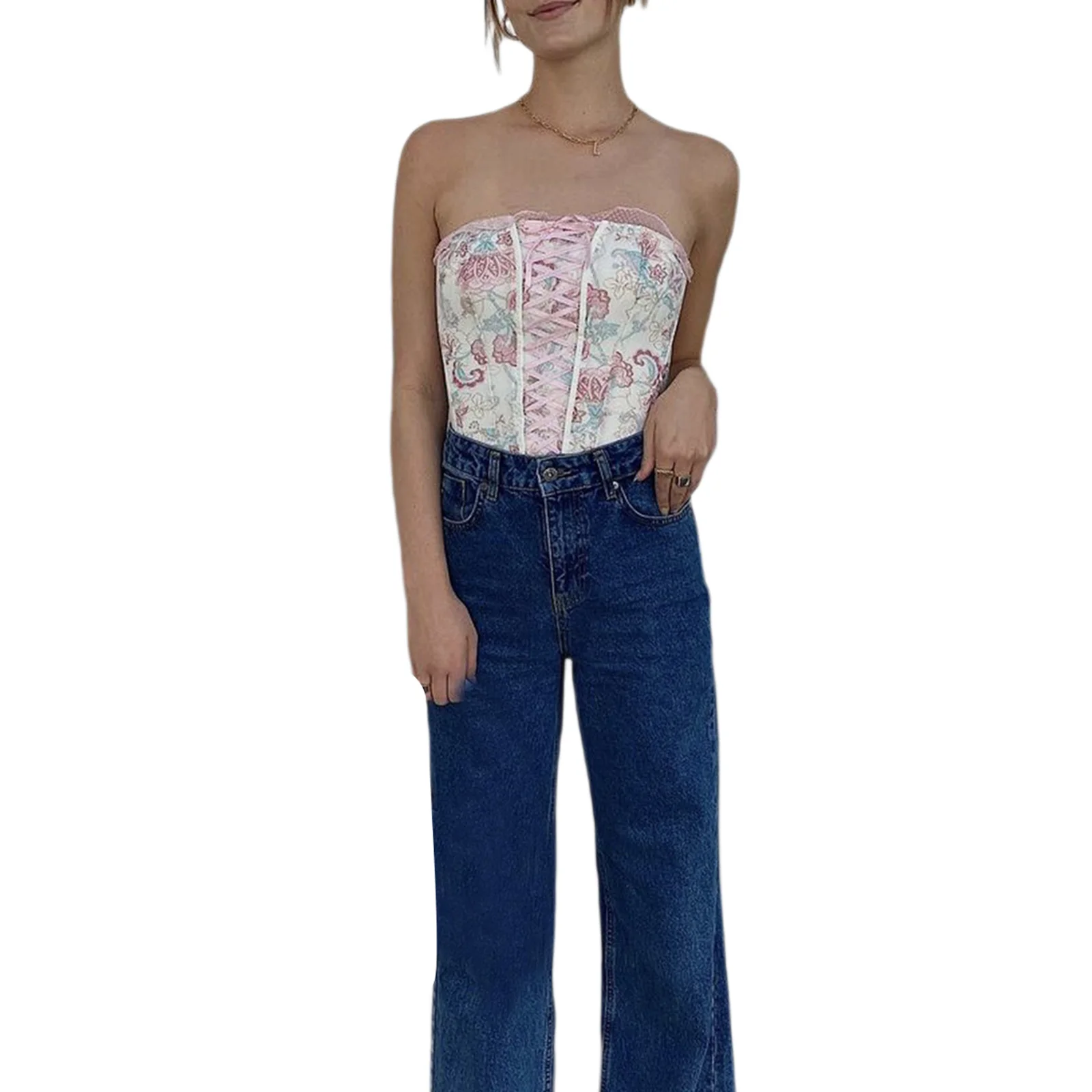 

Women's Summer Sexy Bustier Tops Vintage Floral Print Sleeveless Strapless Lace Up Boned Corset