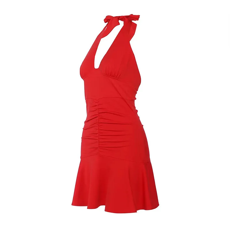 

WEPBEL Summer Sleeveless Spaghetti Strap V-neck High Waist Stitching Pleated Dress Women's Sexy Solid Color Backless Slim Dress