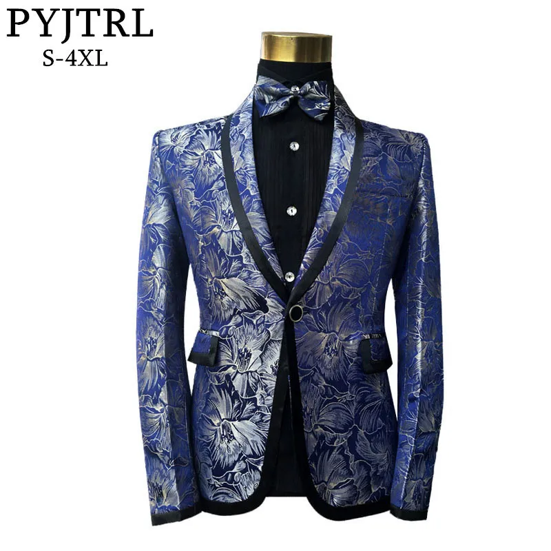 

PYJTRL Mens Classic Shawl Blue Floral Pattern Jacquard Blazer Slim Fit Designs Plus Size Singers Costume Jacket With Bow Tie