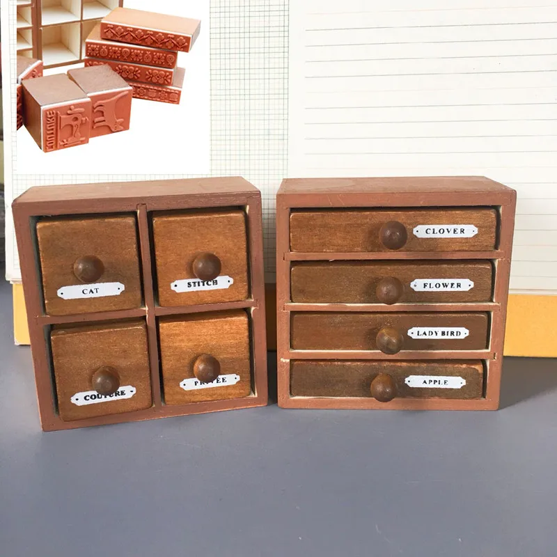 

1set Retro Drawer Stamps Seal Animal/Key/Lace Wooden Rubber Stamp Desktop Decoration Vintage Wooden Box DIY Craft Diary Book