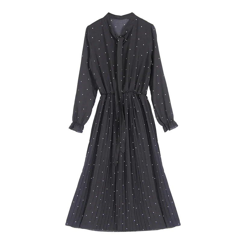 LERFEY женское осеннее весеннее платье с бантом длинным рукавом в горошек Черное