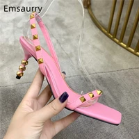 sexy rivet decor one strap sandals for girls women unique high heels genuine leather square open toe concise summer shoes