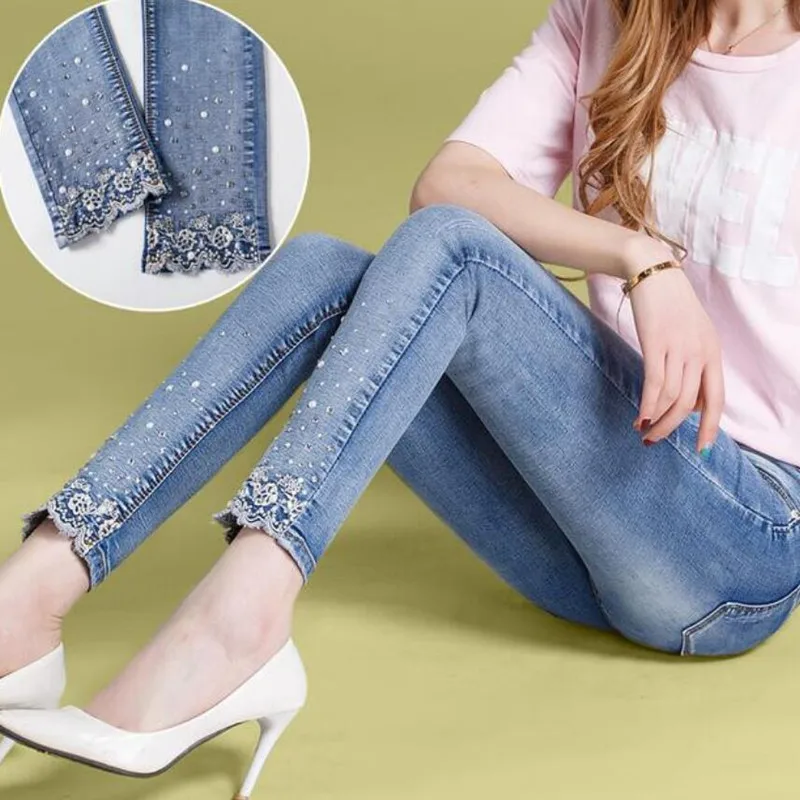 2021 Новинка весны Осенняя Женская кружевная Стразы джинсы брюки-карандаши