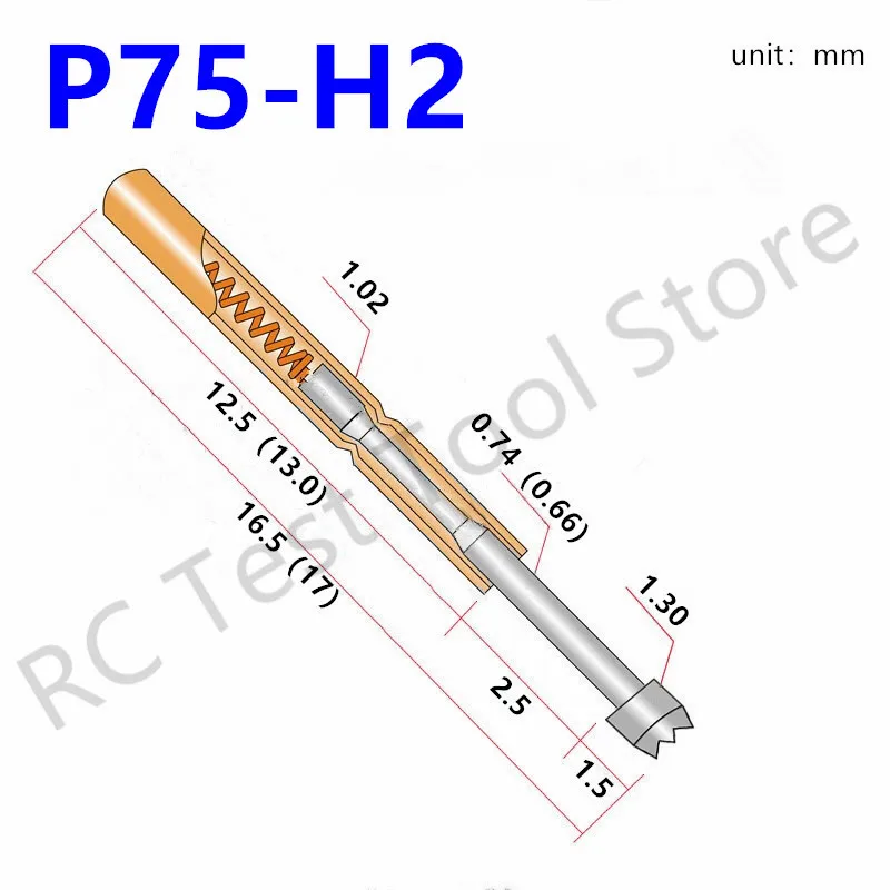 

100PCS Spring Test Probe P75-H2 Test Pin Copper Nickel Plated Electroni Spring Test Pin Head Dia 1.30mm P75-H Pogo Pin 1.02mm