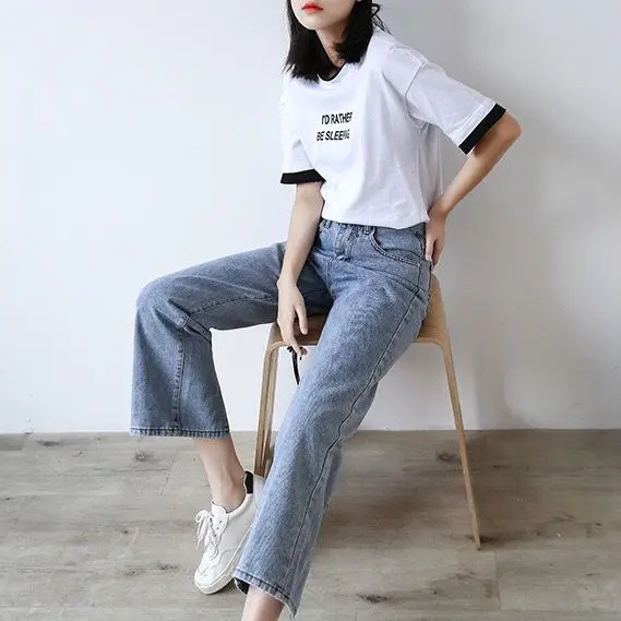 

Back split high waist jeans women's straight slacks