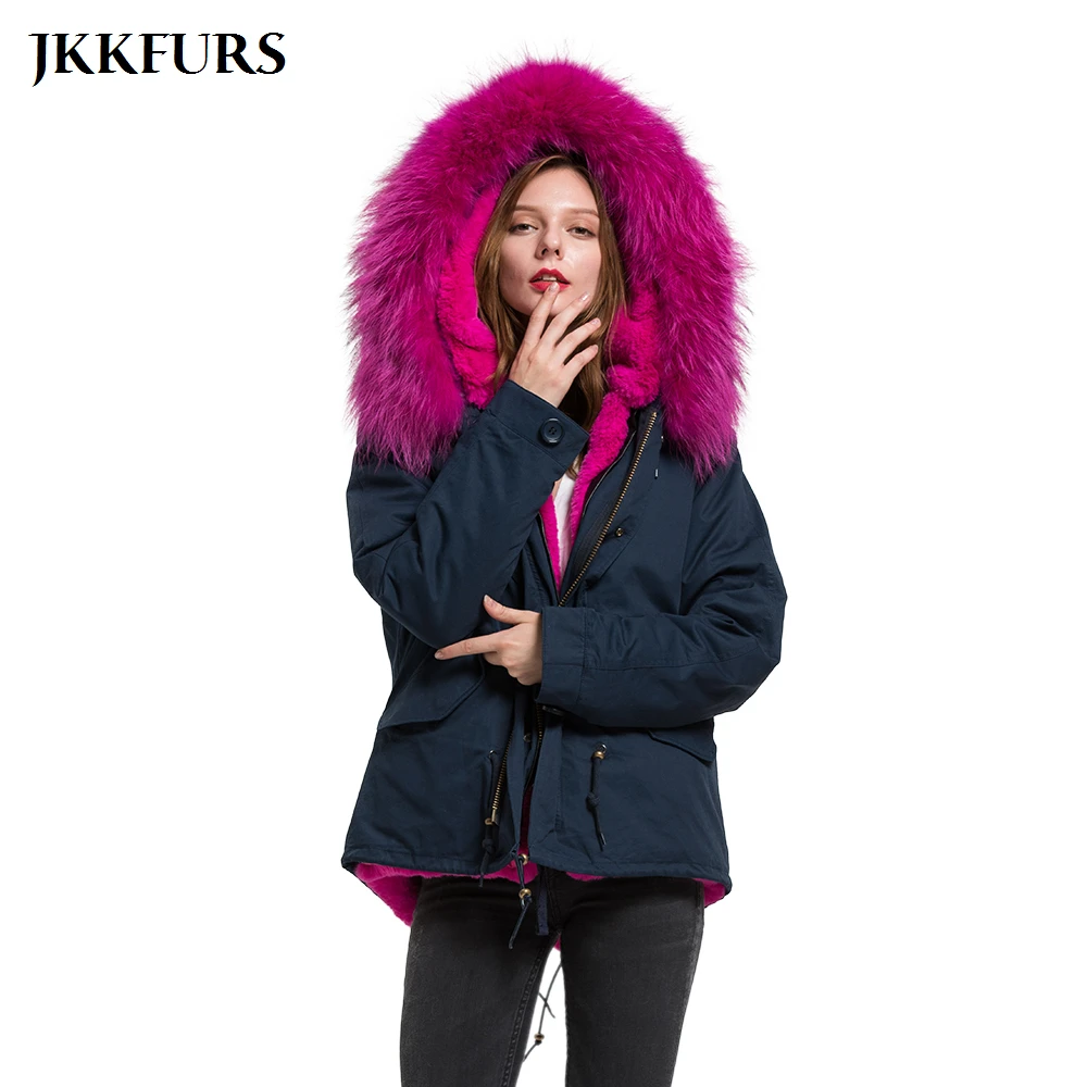 JKKFURS 2021 Новая женская куртка из натурального енота с большим воротником меховая
